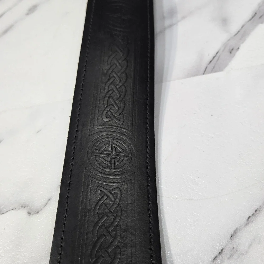 Celtic Knot Embossed Leather Belt Mens Large Black Silver Buckle Western